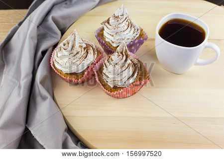 tiramisu cupcakes homemade cakes coffee dessert coffee on a wooden background dark light pink gentle cream