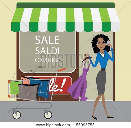 Beautiful African American woman with a new dress and shopping trolley speaks by phone store discounts in the background. Stock vector illustration