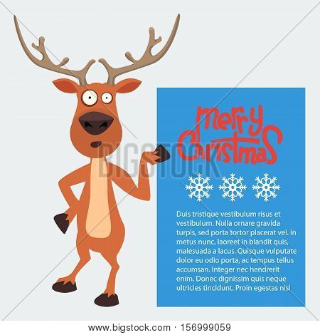 Reindeer cartoon showing or holding blank billboard. Merry christmas calligraphy and snowflakes. Empty place for your design.