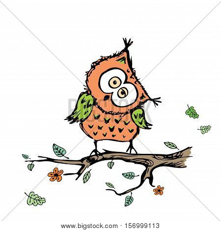 Cute Owl Sitting On A Branch Of A Tree,isolated On White Backgro