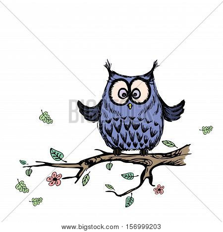 Cute Owl Sitting On A Branch Of A Tree,isolated On White Backgro