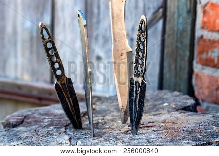 Throwing Knives Stuck Into A Wooden Block