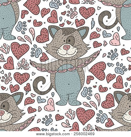 Seamlesss Doodle Color Pattern For Kids With Hand Drawn Cat. Animal Vector Illustration. Color Carto