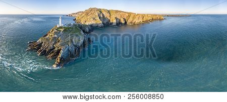 Aerial View Of The Beautiful Cliffs Close To The Historic South Stack Lighthouse On Anglesey - Wales