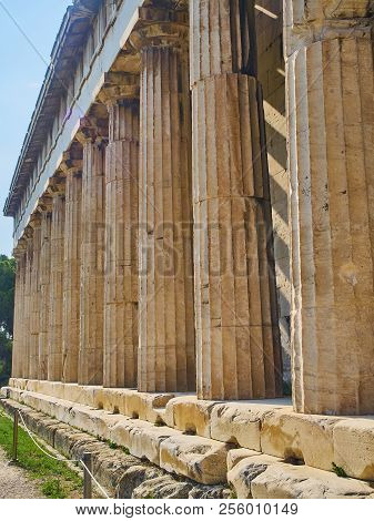 Doric Peristyle Detail Of The Temple Of Hephaestus. Ancient Greek Place Of Worship Located At The No