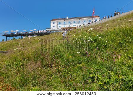 Mt. Rigi, Switzerland - July 19, 2018: People At A Restaurant On The Top Of The Mountain. Mt. Rigi I