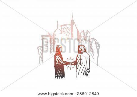 Businessman, Agreement, Deal, Muslim, City Concept. Hand Drawn Arab Businessmen Have A Deal Concept 