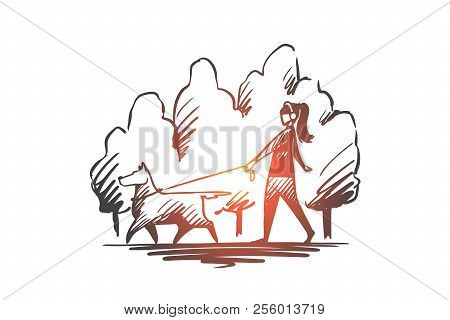 Walk, Pet, Dog, Lifestyle, Darling Concept. Hand Drawn Woman Walking With Her Dog On A Leash In City