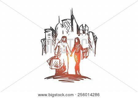 Shopping, City, Muslim, Arab, Islam, Men Concept. Hand Drawn Muslim Family On Shopping, Skyscrapers 