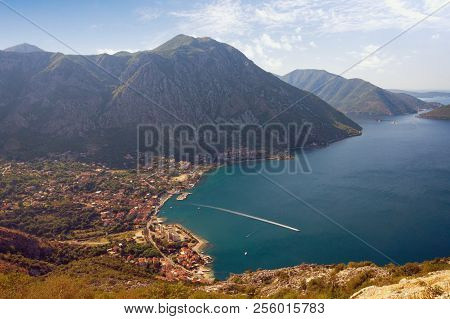Summer Mediterranean Landscape.  Montenegro, View Of Kotor Bay And Risan Town From A Mountain Slope