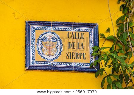 Cartagena Colombia. April 2018. A Colorful Ceramic Tiled Street Sign In Cartagena Colombia