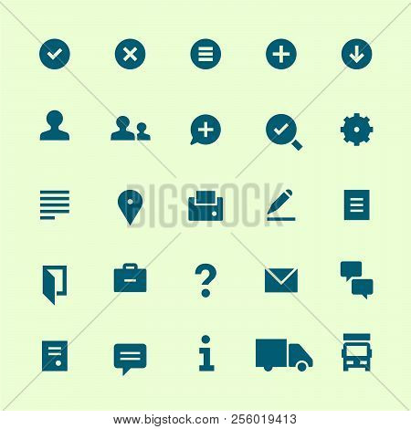 25 Icons For Web Services. Filled. Blue On Light-green.