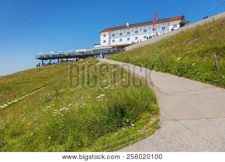 Mt. Rigi, Switzerland - July 19, 2018: People At A Restaurant On The Top Of The Mountain. Mt. Rigi I