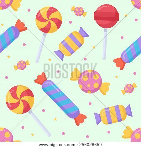 Cute Candy And Lolipop Seamless Pattern On A Light Background. Vector Illustration.