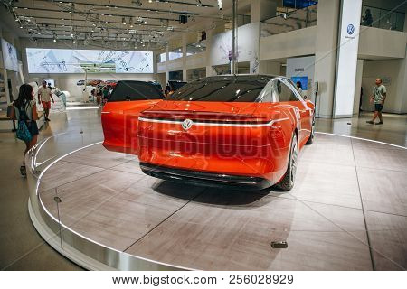 Berlin, August 29, 2018: The New Volkswagen I.d Vizzion Concept Sedan Electric Car Presented At The 