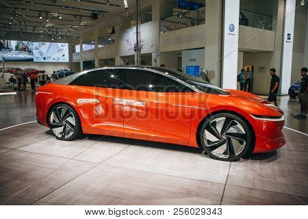 Berlin, August 29, 2018: The New Volkswagen I.d Vizzion Concept Sedan Electric Car Presented At The 