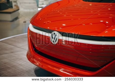 Berlin, August 29, 2018: A Close-up Of The Sign On The New Volkswagen I.d Vizzion Concept Sedan Elec