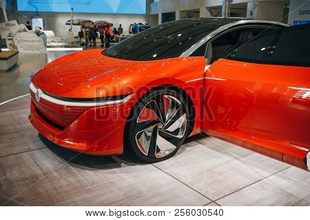 Berlin, August 29, 2018: The New Volkswagen I.d Vizzion Concept Sedan Electric Car Presented At The 