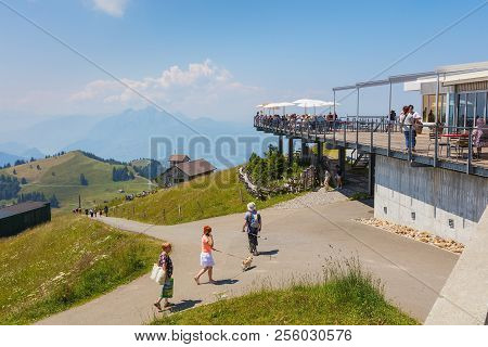 Mt. Rigi, Switzerland - July 19, 2018: People On Mt. Rigi In Summer. Mt. Rigi Is A Popular Tourist D