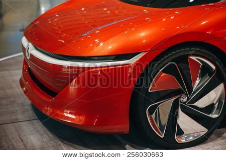 Berlin, August 29, 2018: The New Volkswagen I.d Vizzion Concept Sedan Electric Car Presented At The 