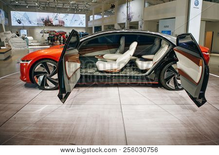 Berlin, August 29, 2018: Interior Of The New Volkswagen I.d Vizzion Concept Sedan Electric Car Prese