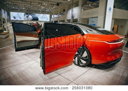 Berlin, August 29, 2018: The New Volkswagen I.d Vizzion Concept Sedan Electric Car Presented At The 