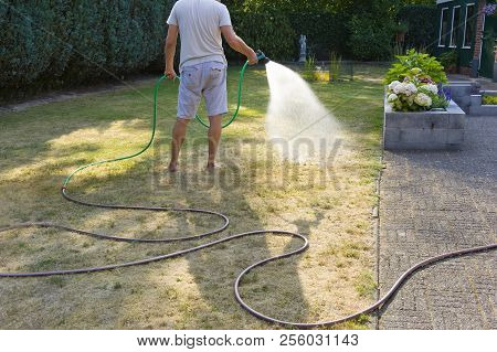 A Man Is Spraying His Lawn During A Very Dry Summer In The Netherlands