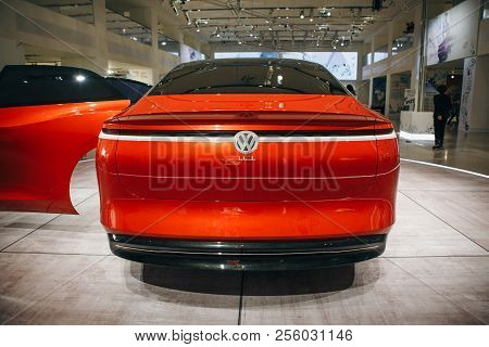 Berlin, August 29, 2018: The New Volkswagen I.d Vizzion Concept Sedan Electric Car Presented At The 