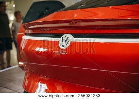 Berlin, August 29, 2018: A Close-up Of The Sign On The New Volkswagen I.d Vizzion Concept Sedan Elec