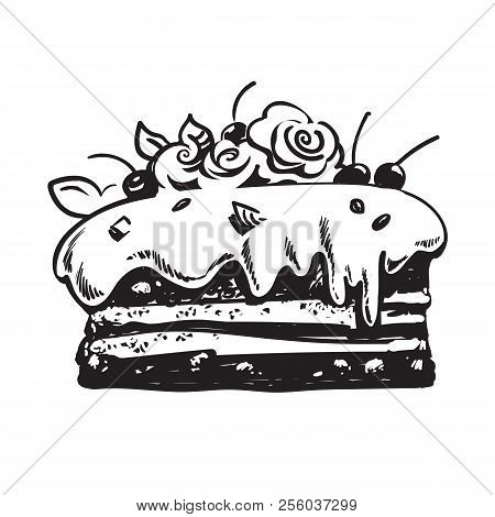 Hand Drawn Sketch Of Cake Decorated With Marzipan Roses And Cherries. Vector.
