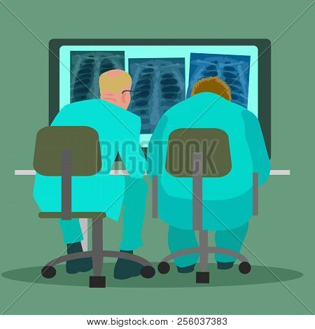 Two Doctors Pulmonologists Examining Chest X Ray Pictures. Vector.