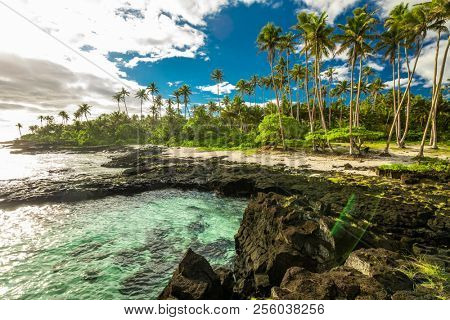 Beach with coral reef on south side of Upolu framed by palm leaves, Samoa Islands