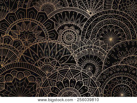 Mandala Movement In Golden Lines On Black Background. Vector Illustration