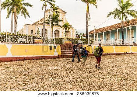 Trinidad Cuba. January 2018. A View Of Tourists Walking In Plaza Major In Trinidad Cuba