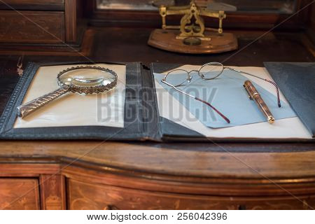 Antique Writing Desk Surface. Writing A Private Personal Letter. Letters And Communication Through H