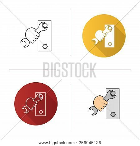 Hand Holding Wrench Icon. Double Open Ended Spanner Turning Bolt. Flat Design, Linear And Color Styl