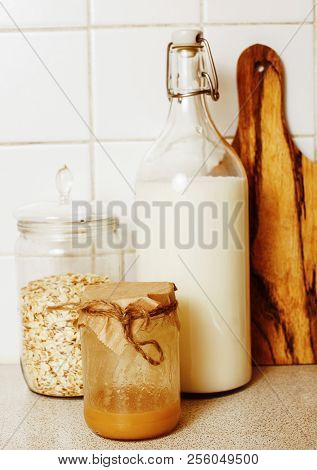 Real Comfort Wooden Kitchen With Breakfast Ingredients Close Up