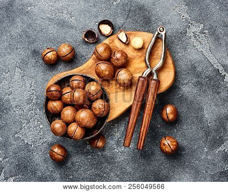 Unshelled Macadamia Nuts On Gray Background. Top View.