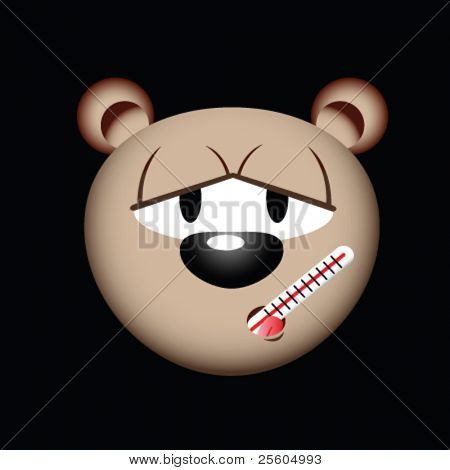 cartoon desenho de um urso doente com termômetro em um fundo escuro
