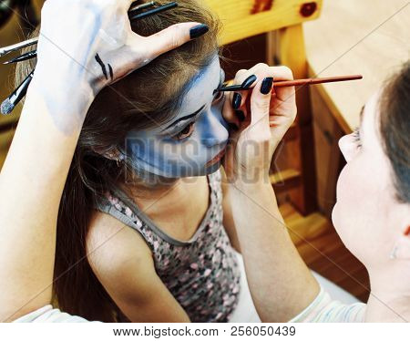 Little Cute Child Making Facepaint On Birthday Party, Zombie Apo