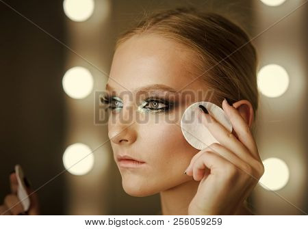 Woman Remove Makeup With Cotton Pad. Woman Use Cotton Pad For Cleaning Face Skin. Makeup Application