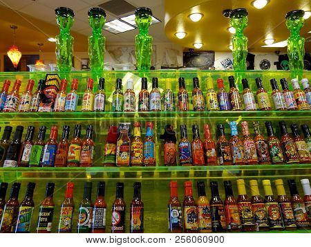 Baker, California -  July 31, 2011: Rows Of Hot Sauce On Display Inside Alien Fresh Jerky Store. Ali
