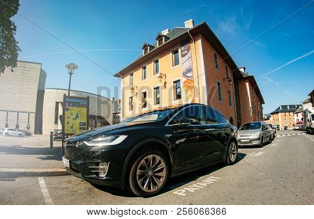Chambery, France - Circa 2018: Front View Luxury Tesla Model X Electric Car Suv Parked On French Str