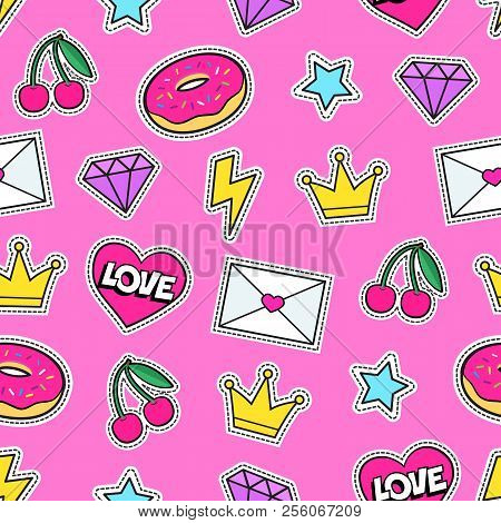 Cute Modern Girly Seamless Colorful Pattern Of Fashion Patches: Crown, Diamond, Love Letter, Heart, 