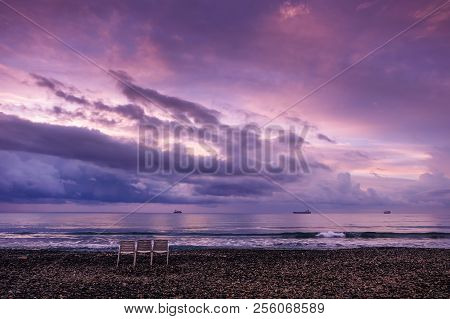 Empty Chairs On The Beach In Larnaca In Sunrise Light