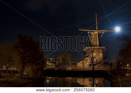 Big Moon Over The Windmill In Leiden, Netherlands