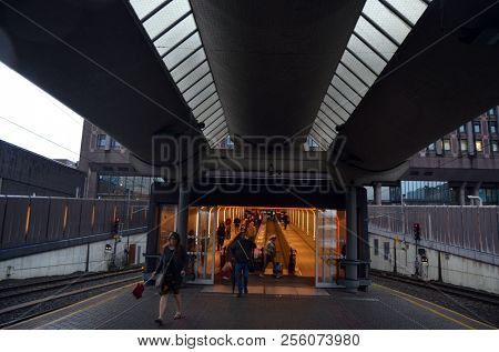 Platform and train view on Oslo central station. Oslo Central Station (Sentralstasjon) is main railway station in Oslo. June 14. 2018. Oslo,Norway