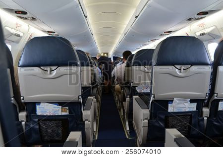 View in the passenger cabin of the Nordica liner during the flight Tallinn-Oslo. June 13,2018. Tallinn,Estonia