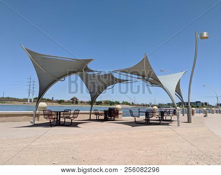 Awnings Shielding Recreation Area From Merciless Hot Sun At Salt River Lakeside In Tempe, Arizona; C
