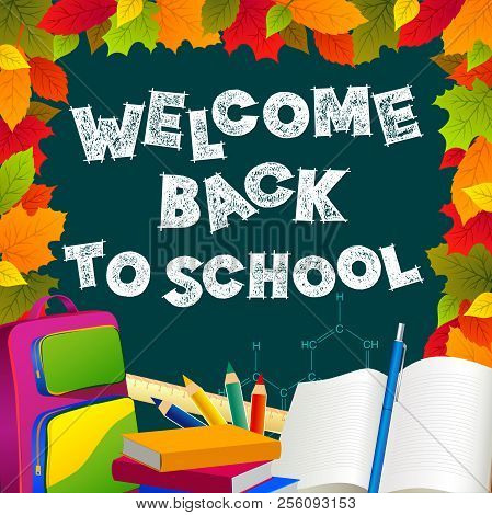 Back To School Illustration. Achool Supplies Near The Blackboard. Autumn Leaves Are Around Blackboar
